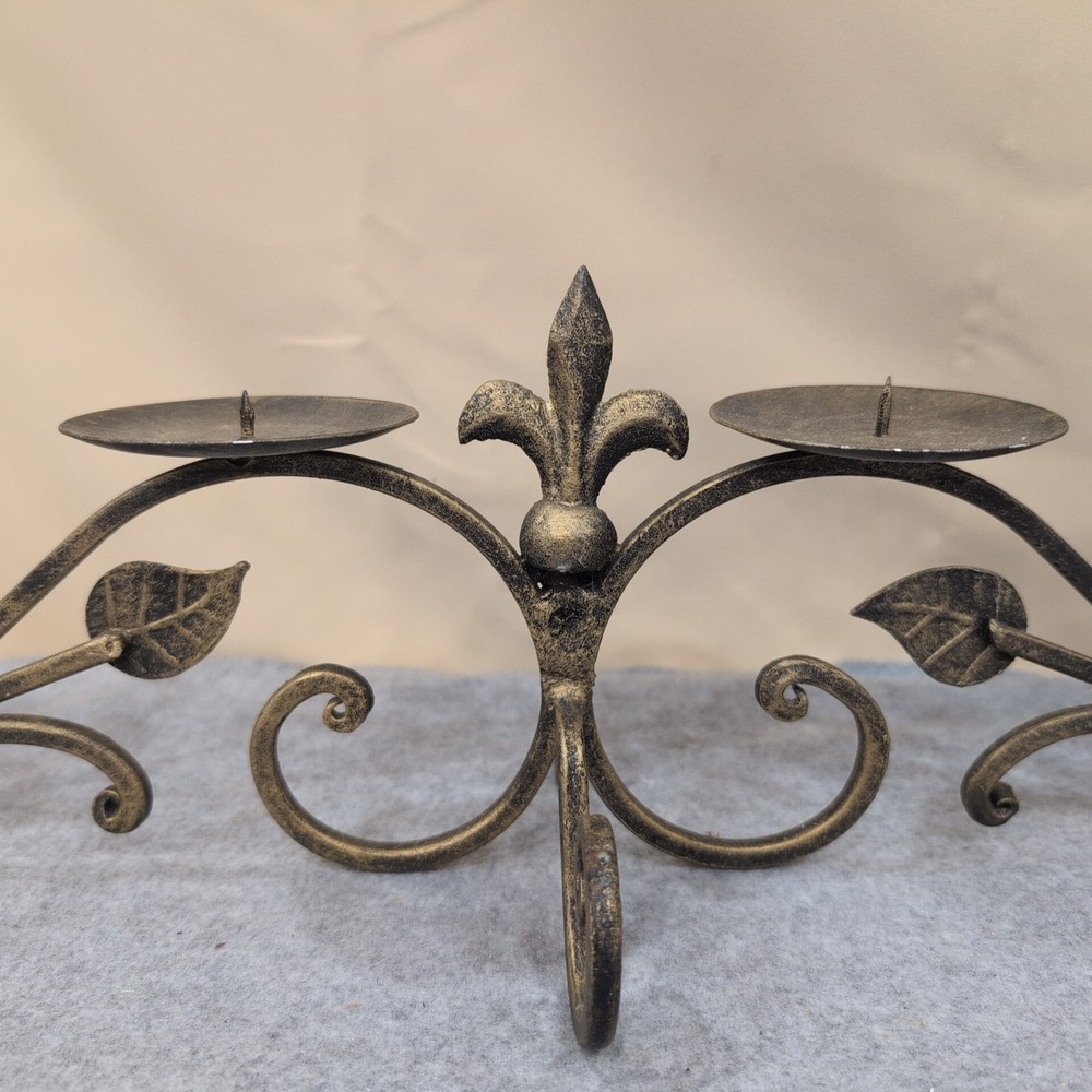 Bronze Fleur-de-Lis 4-Pillar Metal Candelabra Scroll Leaf Mantel Centerpiece - Picture 3 of 5